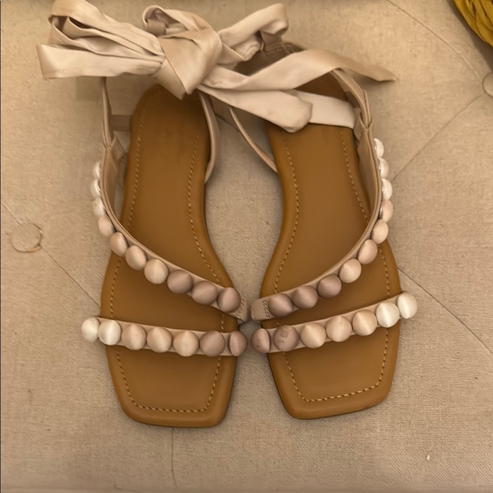Gianni Bini Tan and White Sandals with Beaded Embellishments